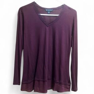 INC International Concepts Burgundy V-Neck Sheer Hem Long Sleeve Size Small